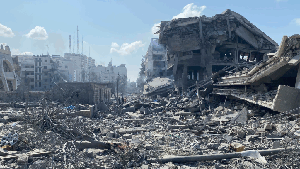 Rubble and destroyed buildings in Gaza Strip after airstrike, October 2023