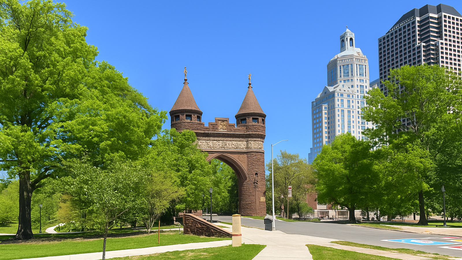 Downtown Hartford, Connecticut, with Bushnell Park’s greenery and the arch under a bright blue sky.
